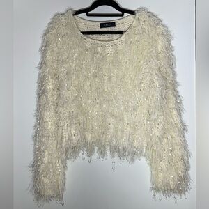 AKIRA Luxe Fuzzy Shag Sweater Furry Eyelash Festive Holiday Cream Mobwife